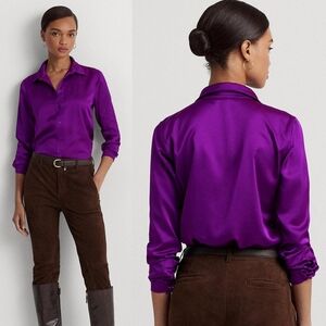 NWOT Lauren Ralph Lauren XS Old Money Quiet Luxury Satin Charmeuse Button Shirt